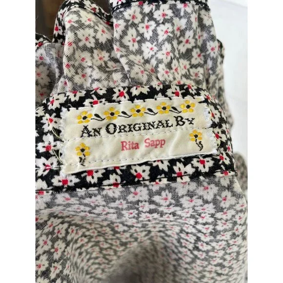 Vintage 1970s Floral Cotton Ruffle Western Shirt Black Red Size Small - Picture 6 of 11